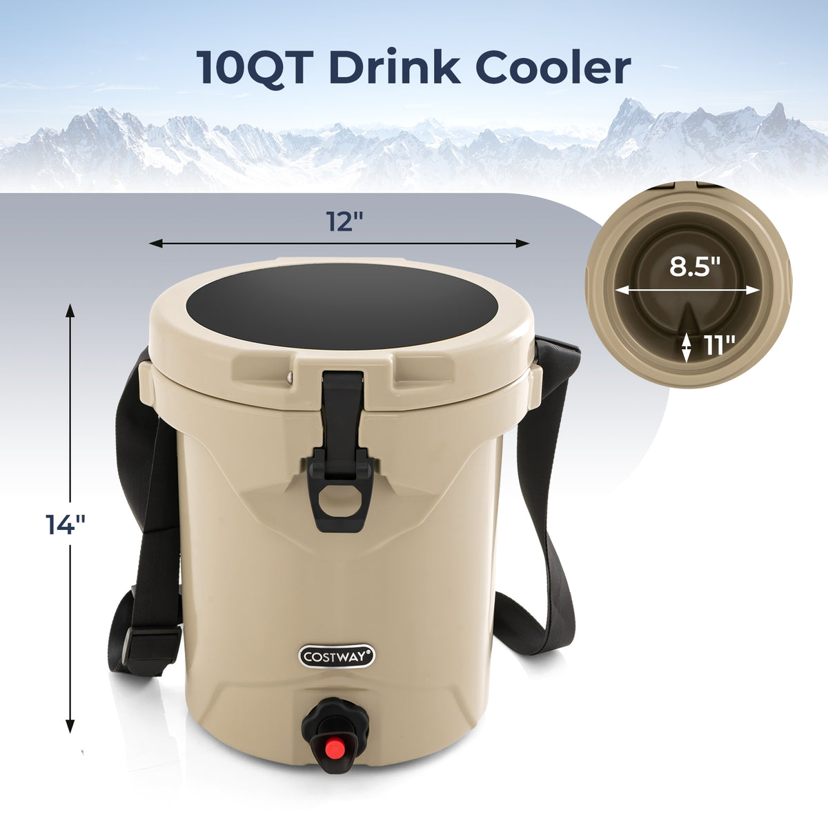 10 QT Insulated Drink Cooler With Spigot, Flat Seat Lid, Adjustable Strap, Beige Coolers at Gallery Canada