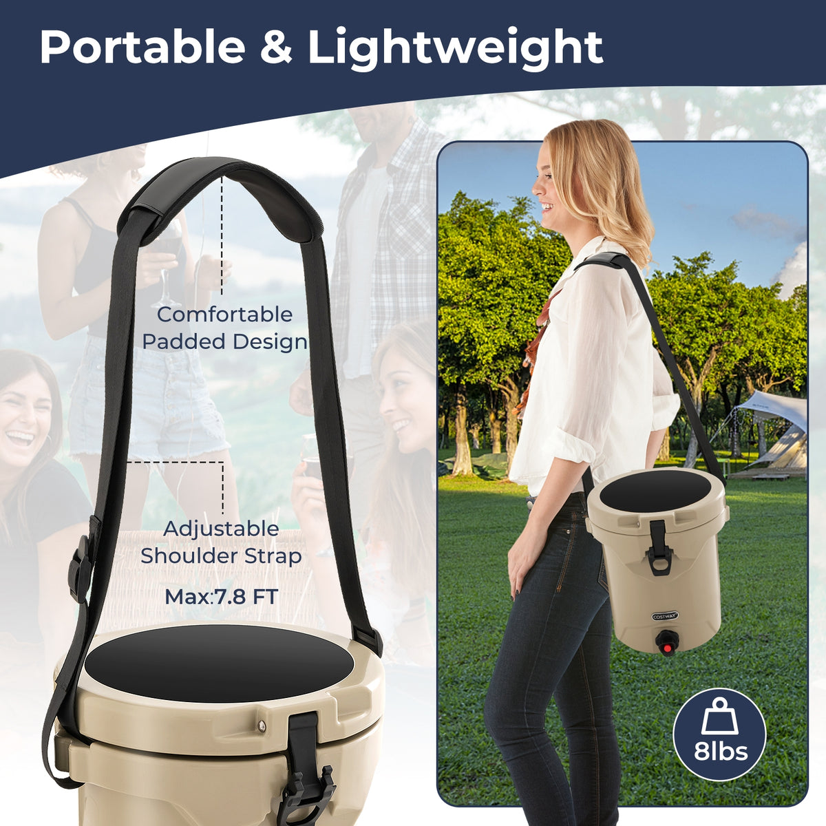 10 QT Insulated Drink Cooler With Spigot, Flat Seat Lid, Adjustable Strap, Beige Coolers at Gallery Canada