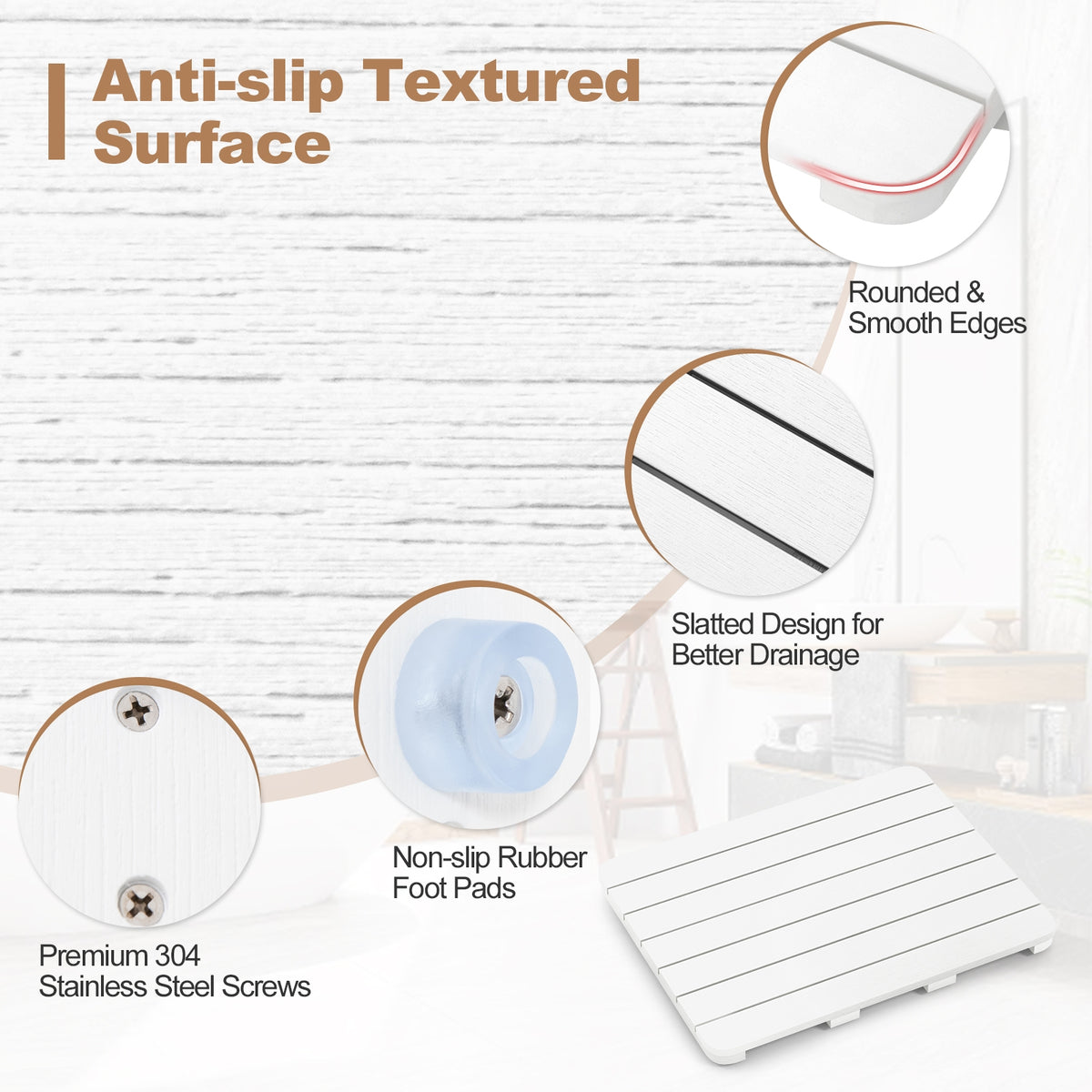 Waterproof HIPS Bath Spa Shower Mat, Non Slip Foot Pads, White Bath Safety at Gallery Canada