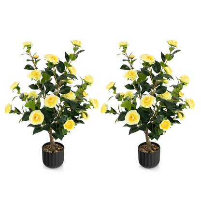 38 Inch Artificial Camellia Tree, Faux Flower Plant, Cement Pot, 2 Pack, Yellow Faux Plants Yellow at Gallery Canada