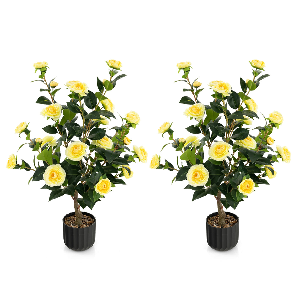 38 Inch Artificial Camellia Tree, Faux Flower Plant, Cement Pot, 2 Pack, Yellow Faux Plants at Gallery Canada