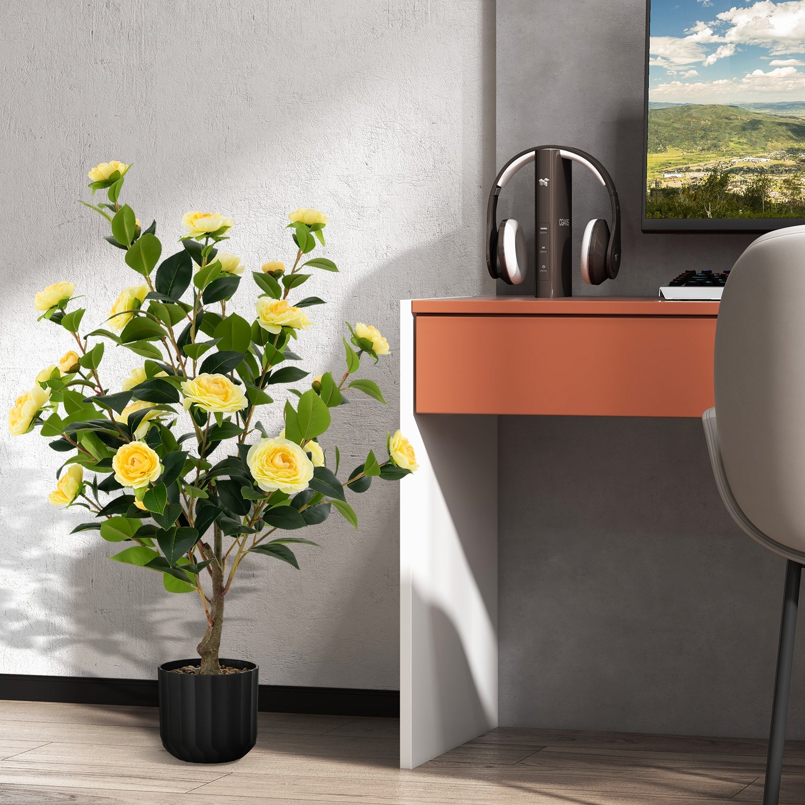 38 Inch Artificial Camellia Tree, Faux Flower Plant, Cement Pot, 2 Pack, Yellow Faux Plants at Gallery Canada