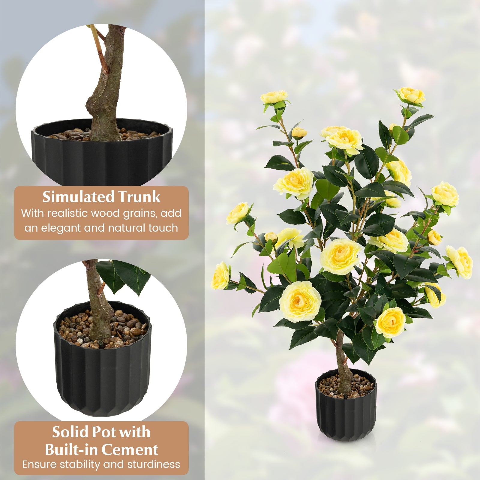 38 Inch Artificial Camellia Tree, Faux Flower Plant, Cement Pot, 2 Pack, Yellow Faux Plants at Gallery Canada