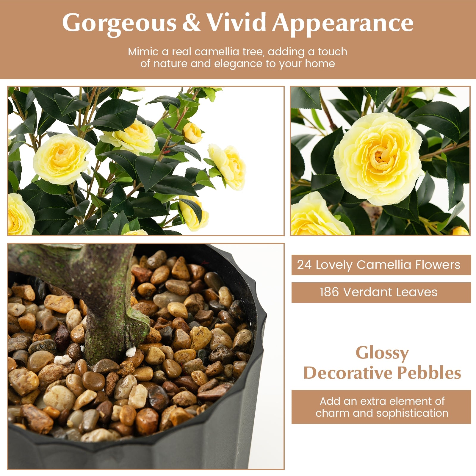 38 Inch Artificial Camellia Tree, Faux Flower Plant, Cement Pot, 2 Pack, Yellow Faux Plants at Gallery Canada