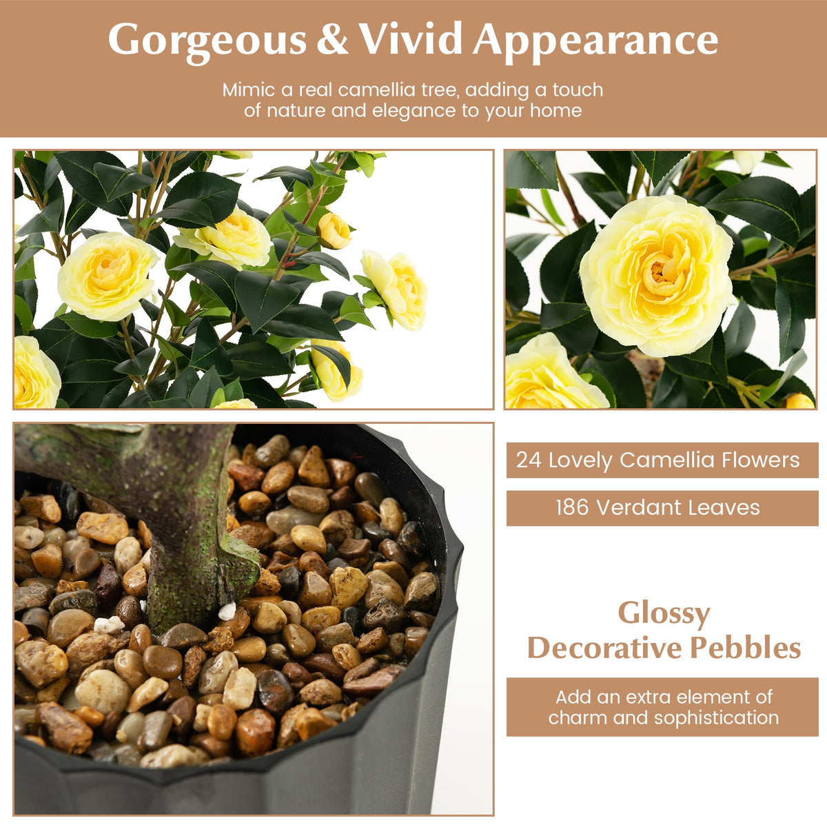38 Inch Artificial Camellia Tree, Faux Flower Plant, Cement Pot, 2 Pack, Yellow Faux Plants at Gallery Canada