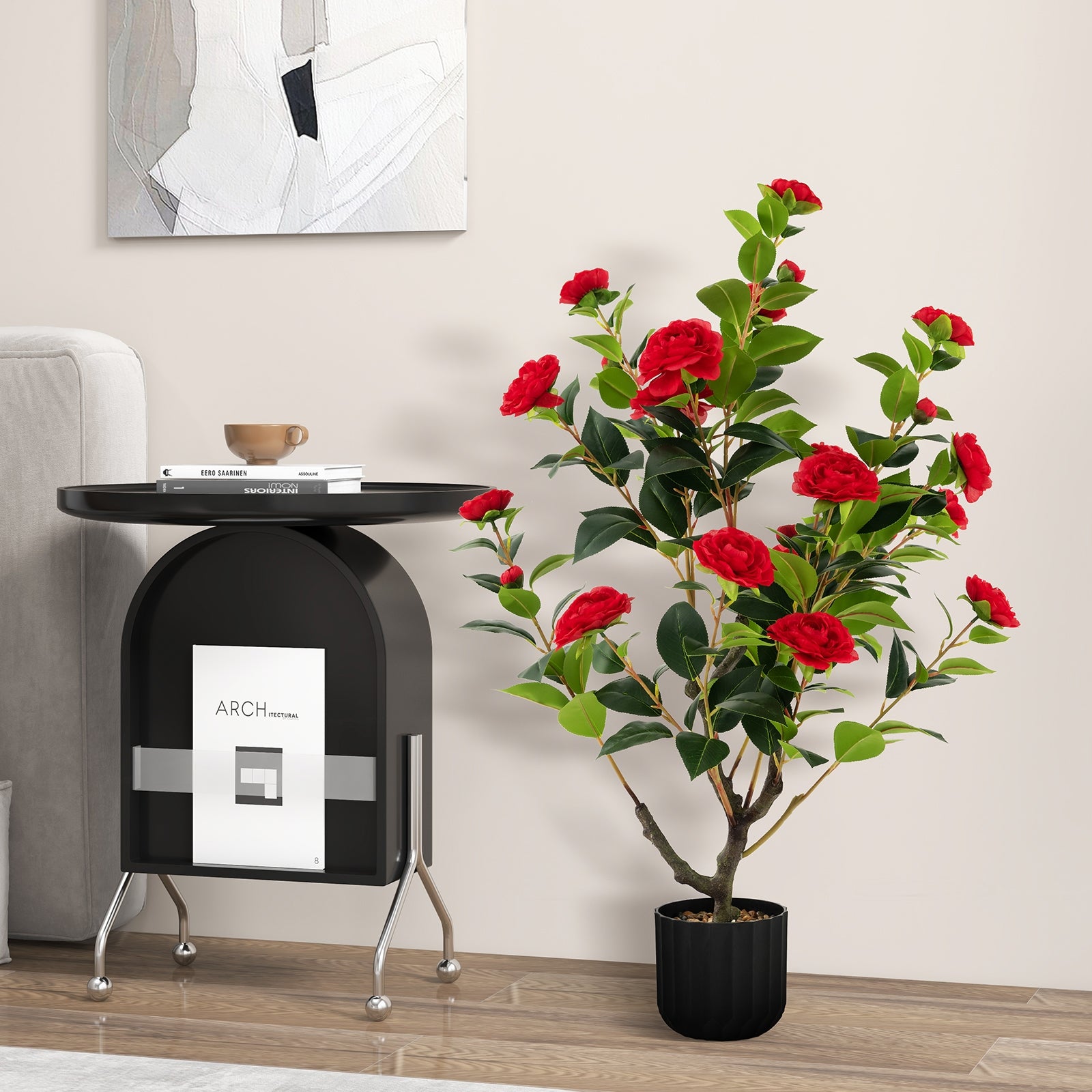 38 Inch Artificial Camellia Tree, Cement Pot, 2 Pack, Red Faux Plants at Gallery Canada