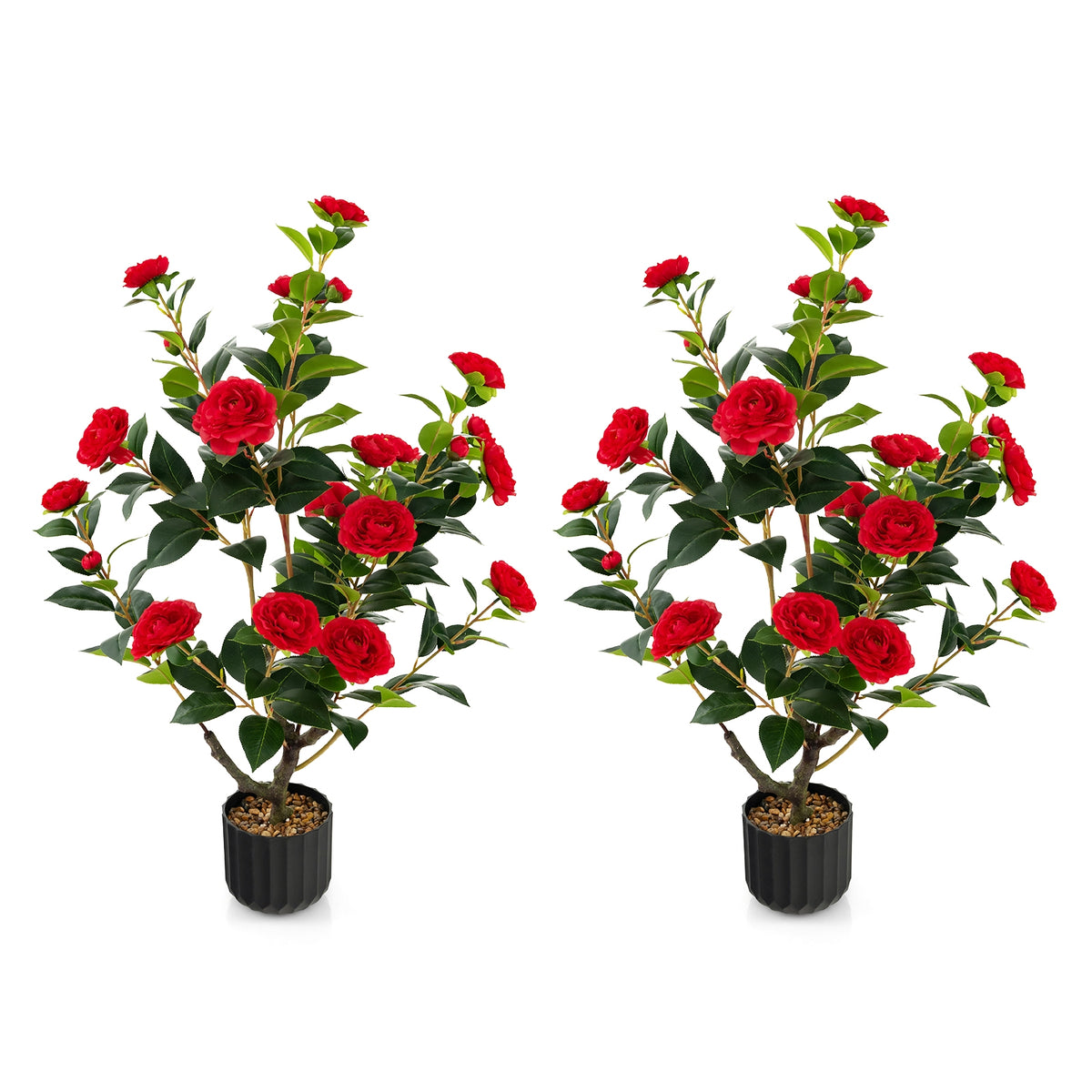38 Inch Artificial Camellia Tree, Cement Pot, 2 Pack, Red Faux Plants at Gallery Canada