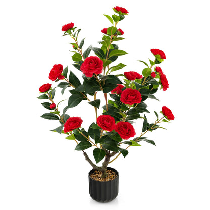38 Inch Artificial Camellia Tree, Cement Pot, 2 Pack, Red Faux Plants at Gallery Canada