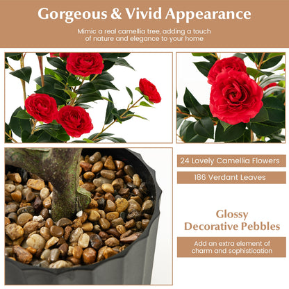 38 Inch Artificial Camellia Tree, Cement Pot, 2 Pack, Red Faux Plants at Gallery Canada