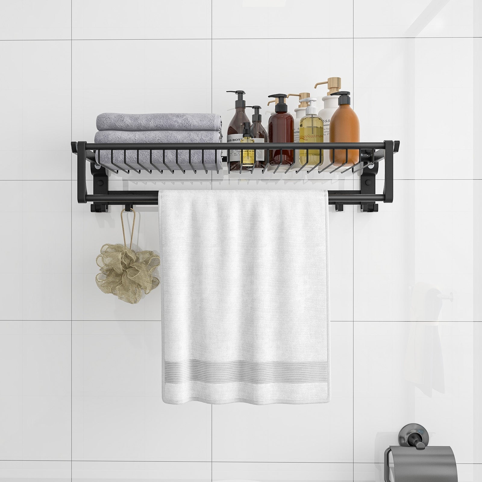 Wall Mounted Towel Shelf, Adjustable Bar, Movable Hooks, No Assembly Towel Racks at Gallery Canada