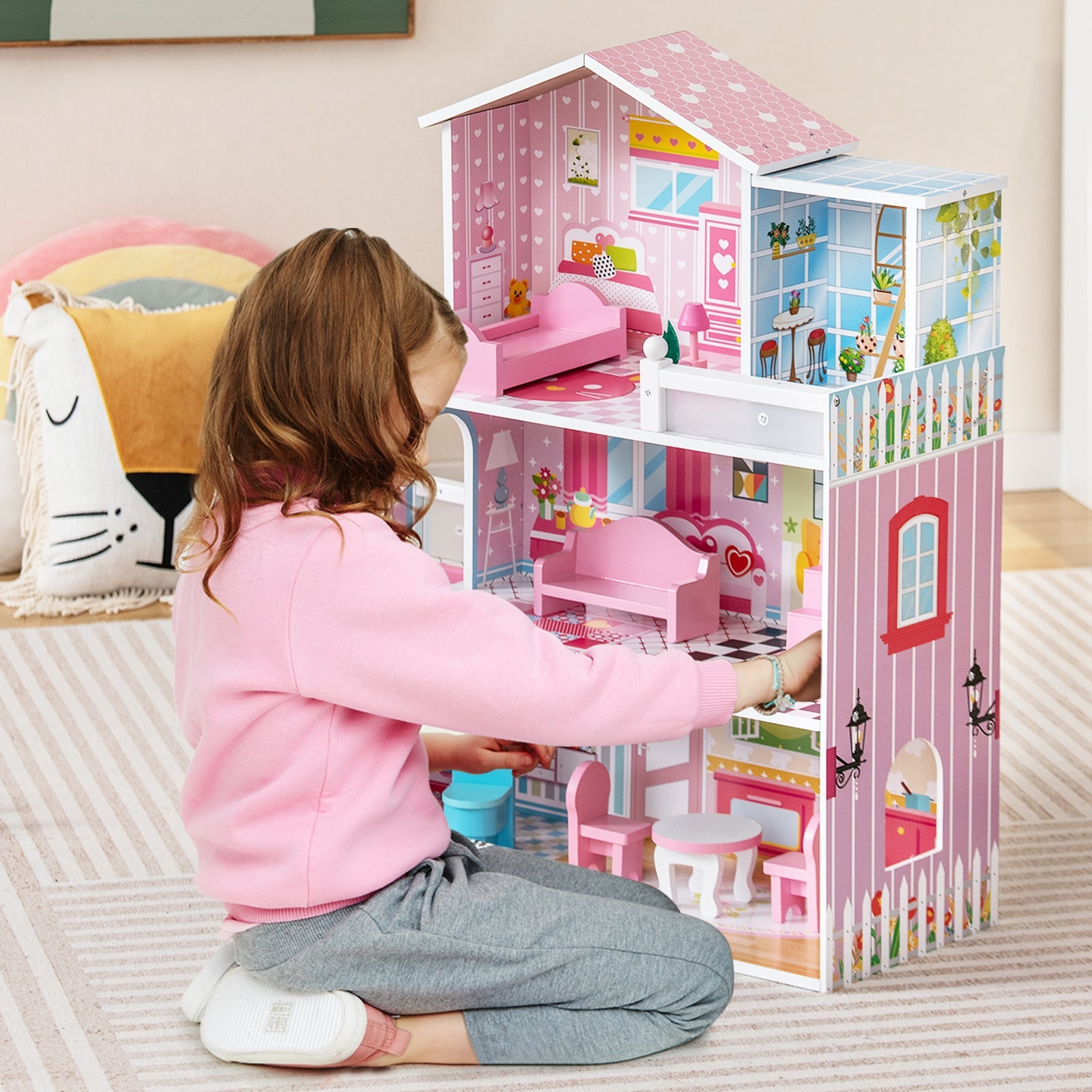 Kids Wooden Dollhouse, 5 Rooms, 10 Furniture Pieces, Pink Play Tents & Playhouse at Gallery Canada