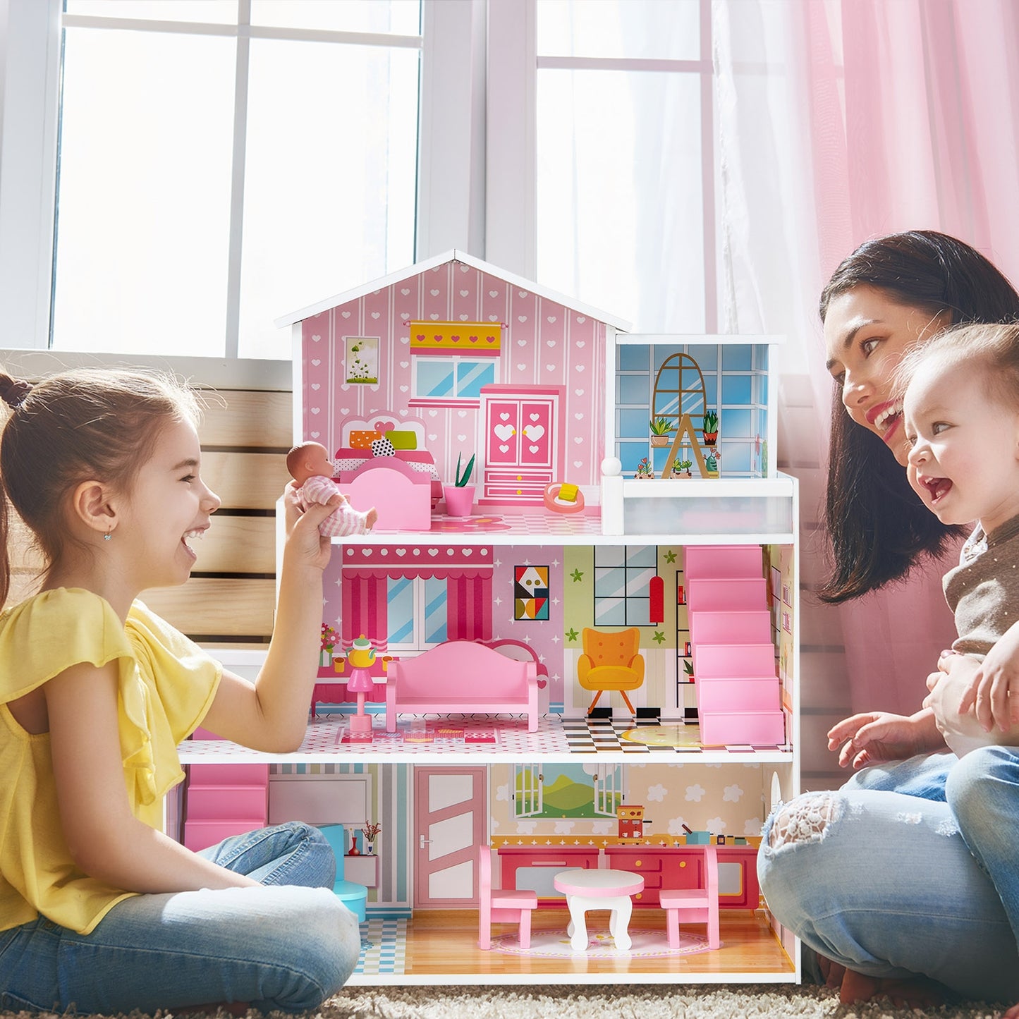 Kids Wooden Dollhouse, 5 Rooms, 10 Furniture Pieces, Pink Play Tents & Playhouse at Gallery Canada