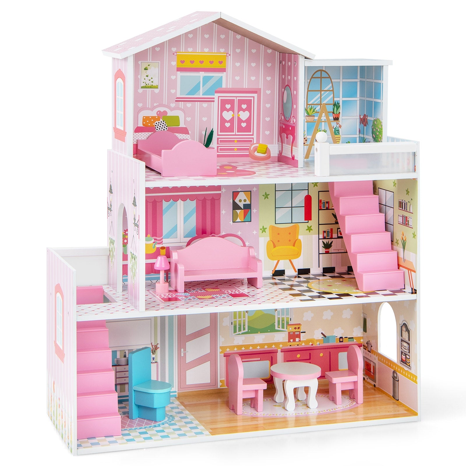Kids Wooden Dollhouse, 5 Rooms, 10 Furniture Pieces, Pink Play Tents & Playhouse at Gallery Canada