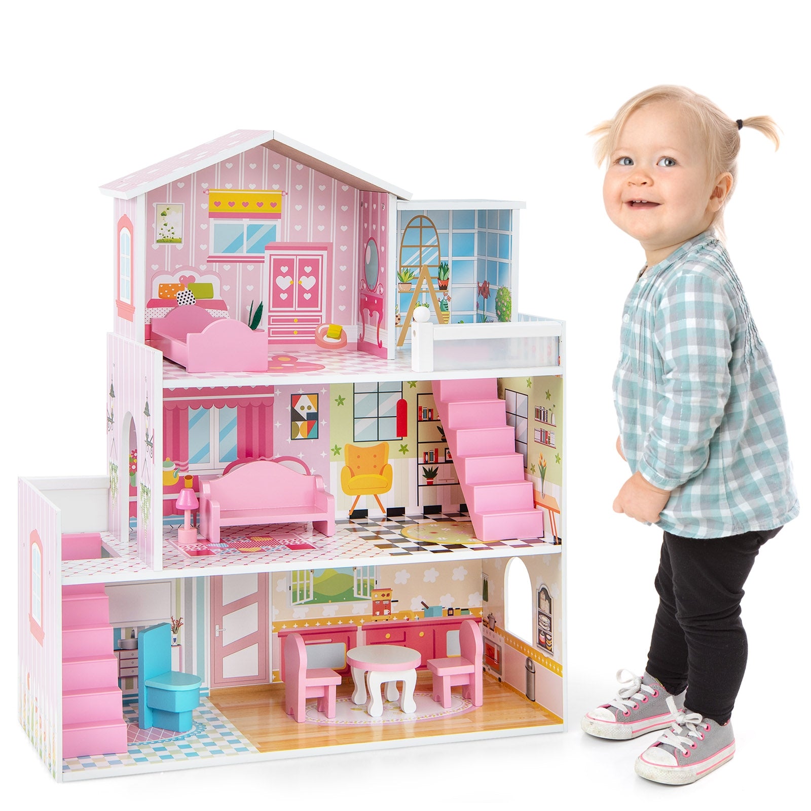 Kids Wooden Dollhouse, 5 Rooms, 10 Furniture Pieces, Pink Play Tents & Playhouse at Gallery Canada