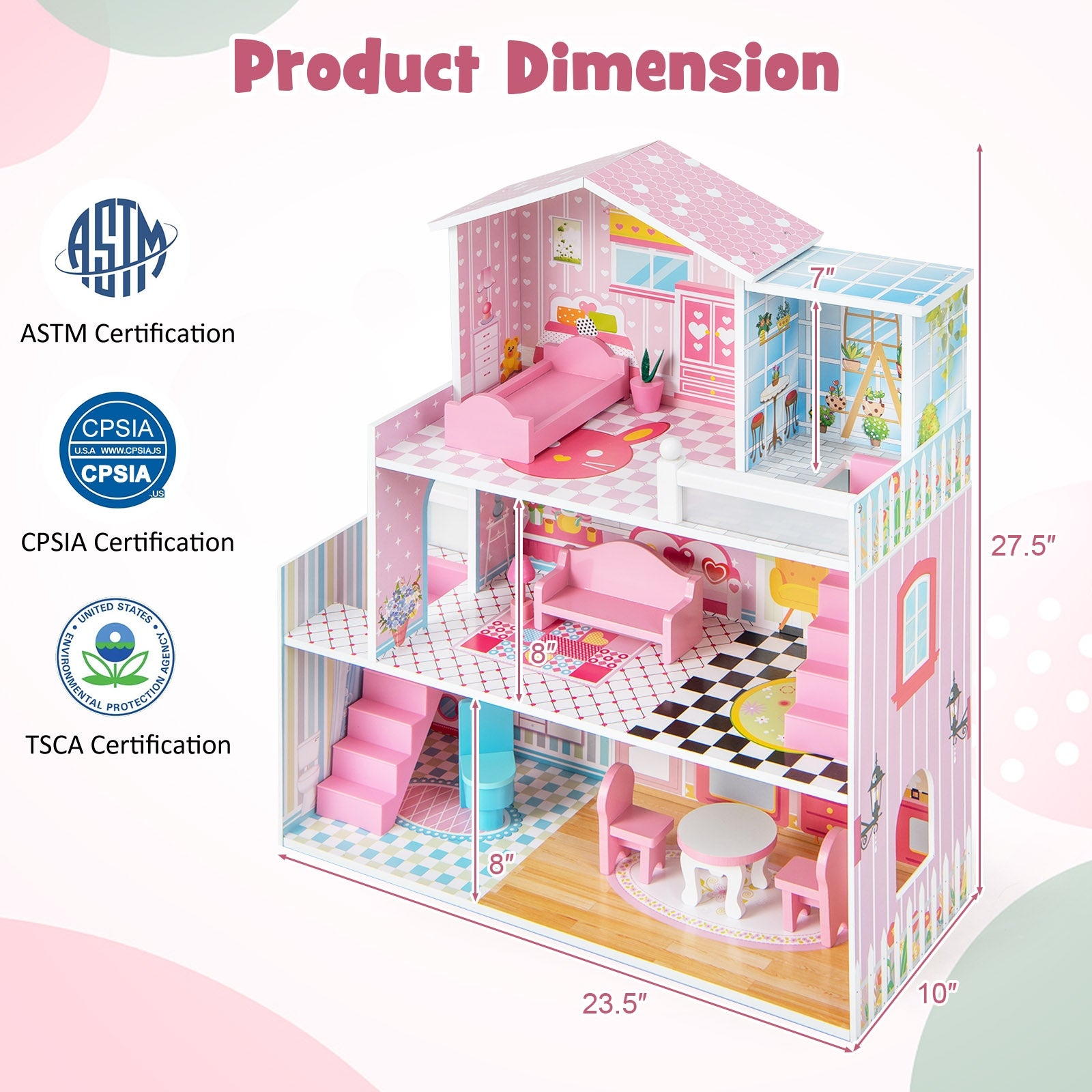 Kids Wooden Dollhouse, 5 Rooms, 10 Furniture Pieces, Pink Play Tents & Playhouse at Gallery Canada
