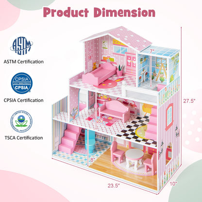 Kids Wooden Dollhouse, 5 Rooms, 10 Furniture Pieces, Pink Play Tents & Playhouse at Gallery Canada