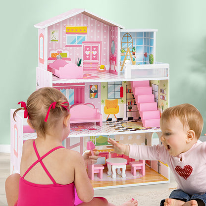 Kids Wooden Dollhouse, 5 Rooms, 10 Furniture Pieces, Pink Play Tents & Playhouse at Gallery Canada