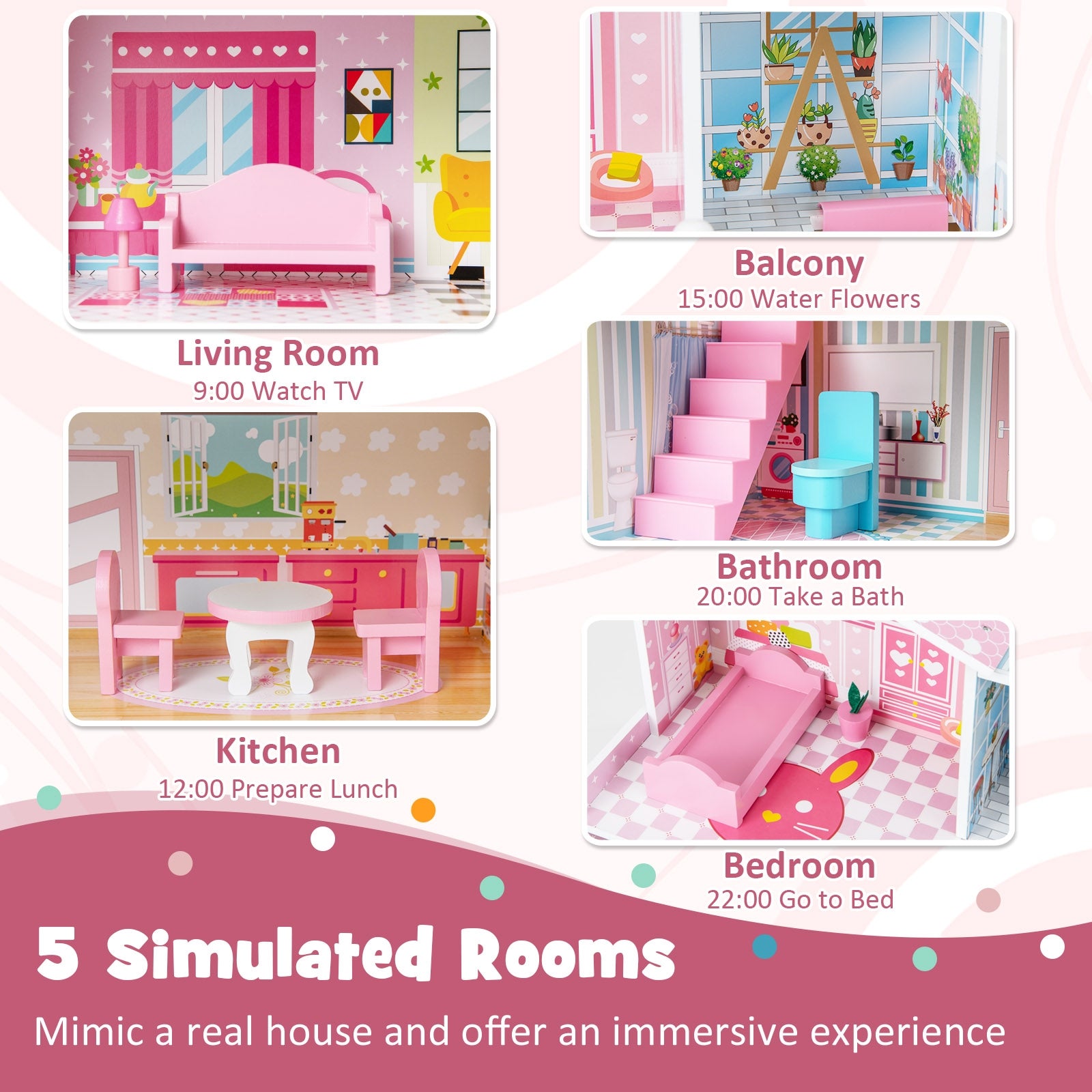 Kids Wooden Dollhouse, 5 Rooms, 10 Furniture Pieces, Pink Play Tents & Playhouse at Gallery Canada