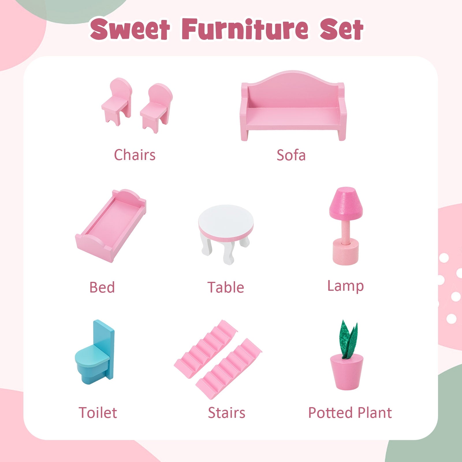 Kids Wooden Dollhouse, 5 Rooms, 10 Furniture Pieces, Pink Play Tents & Playhouse at Gallery Canada