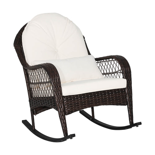Patio Rattan Rocking Chair, With Seat Back Cushions And Waist Pillow, White