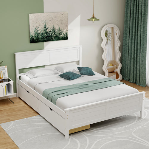 Full Size Bed Frame With Storage Drawers, Solid Wood Headboard, White