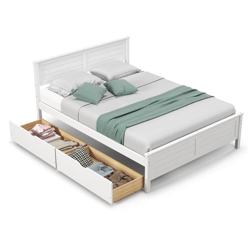 Full Size Bed Frame With Storage Drawers, Solid Wood Headboard, White