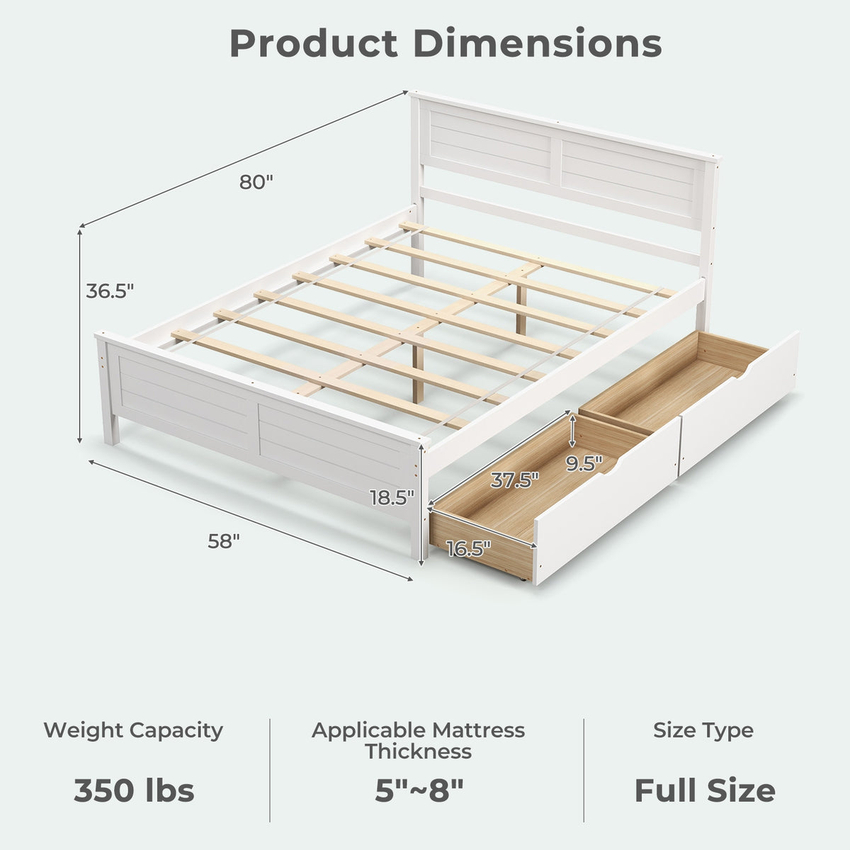 Full Size Bed Frame With Storage Drawers, Solid Wood Headboard, White Simple Bed Frame at Gallery Canada