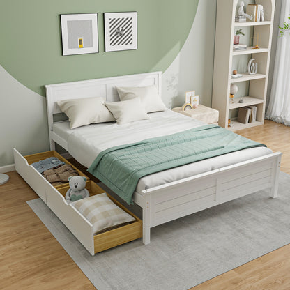 Full Size Bed Frame With Storage Drawers, Solid Wood Headboard, White Simple Bed Frame at Gallery Canada