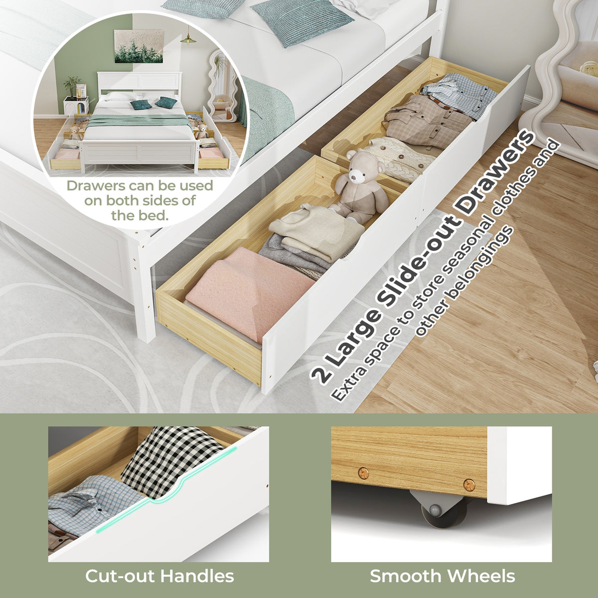 Full Size Bed Frame With Storage Drawers, Solid Wood Headboard, White Simple Bed Frame at Gallery Canada
