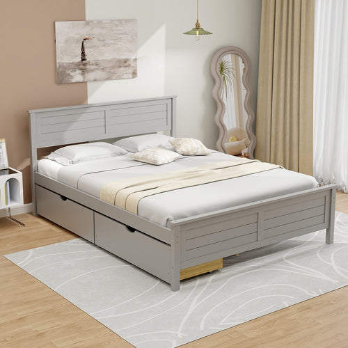 Full Size Bed Frame With Storage Drawers, Solid Wood Headboard, Gray