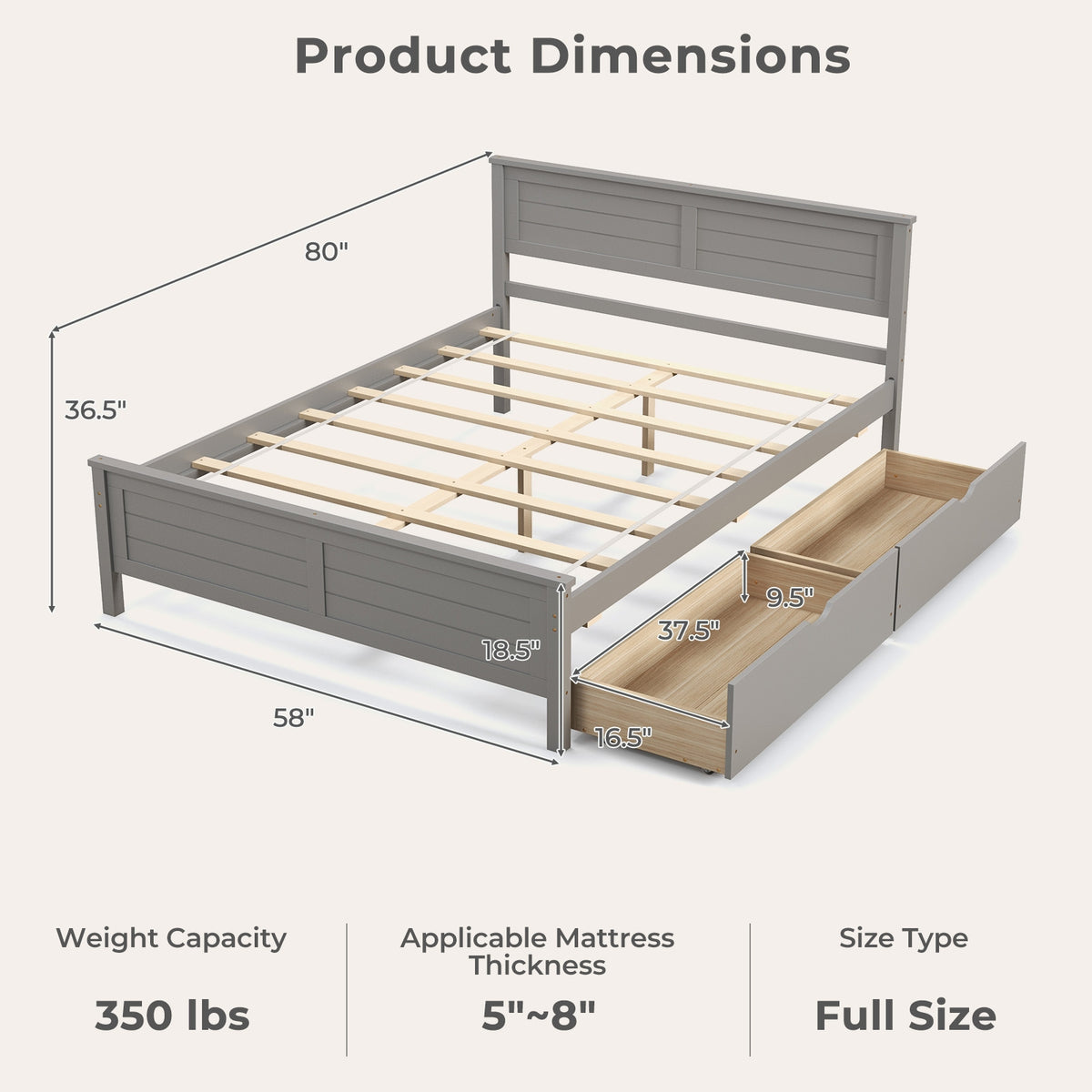 Full Size Bed Frame With Storage Drawers, Solid Wood Headboard, Gray Simple Bed Frame at Gallery Canada