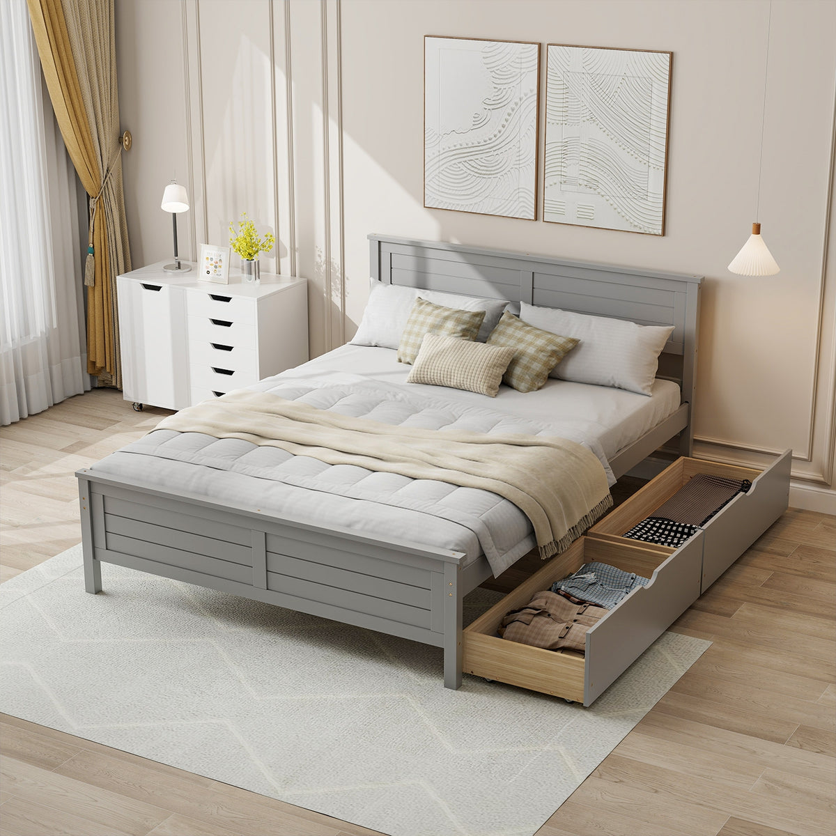 Full Size Bed Frame With Storage Drawers, Solid Wood Headboard, Gray Simple Bed Frame at Gallery Canada