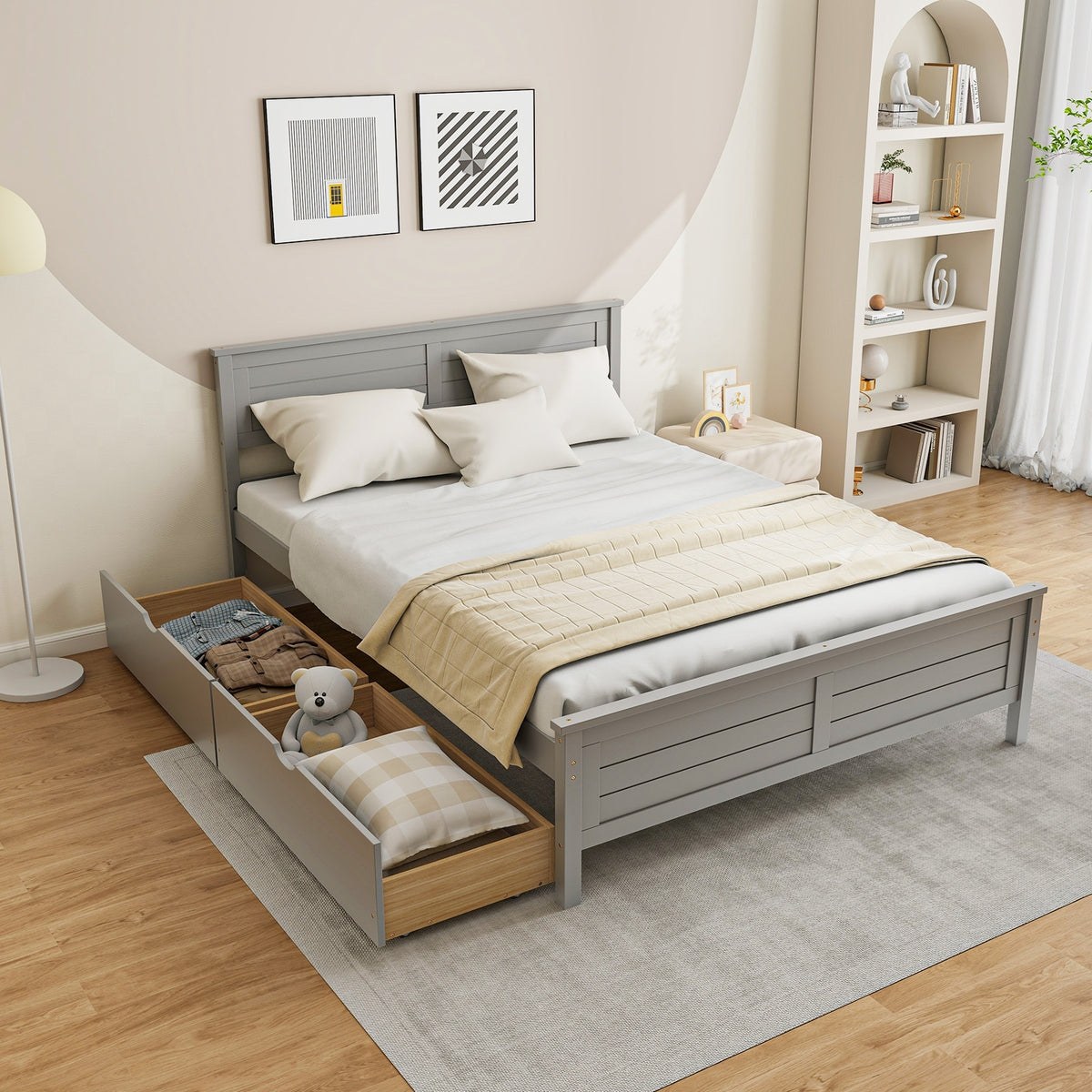 Full Size Bed Frame With Storage Drawers, Solid Wood Headboard, Gray Simple Bed Frame at Gallery Canada