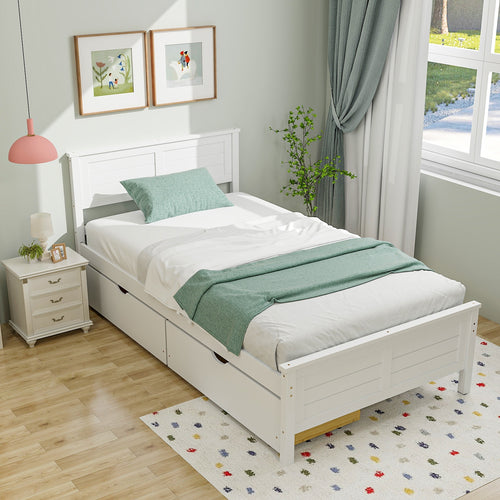 Twin Size Bed Frame With Storage Drawers, White