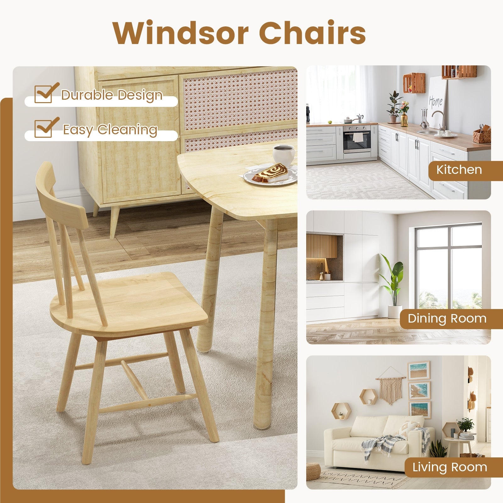 Windsor Style Armless Chairs, Solid Rubber Wood Frame, Natural Chairs at Gallery Canada