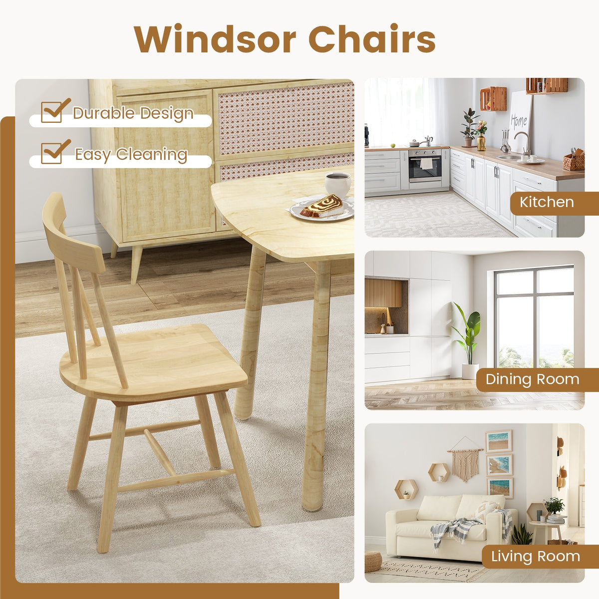 Windsor Style Armless Chairs, Solid Rubber Wood Frame, Natural Chairs at Gallery Canada