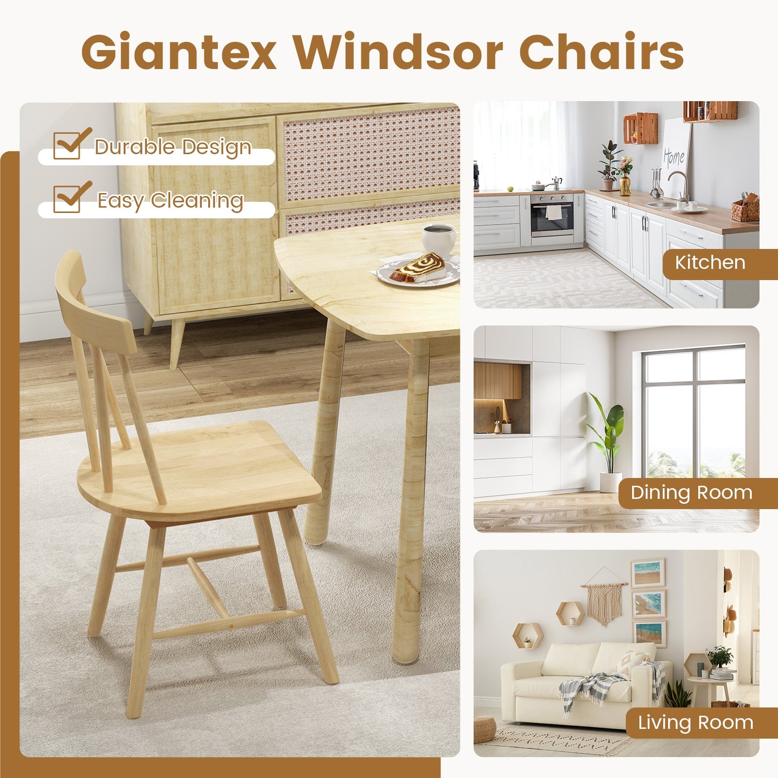 Windsor Style Armless Chairs, Solid Rubber Wood Frame, Natural Chairs at Gallery Canada