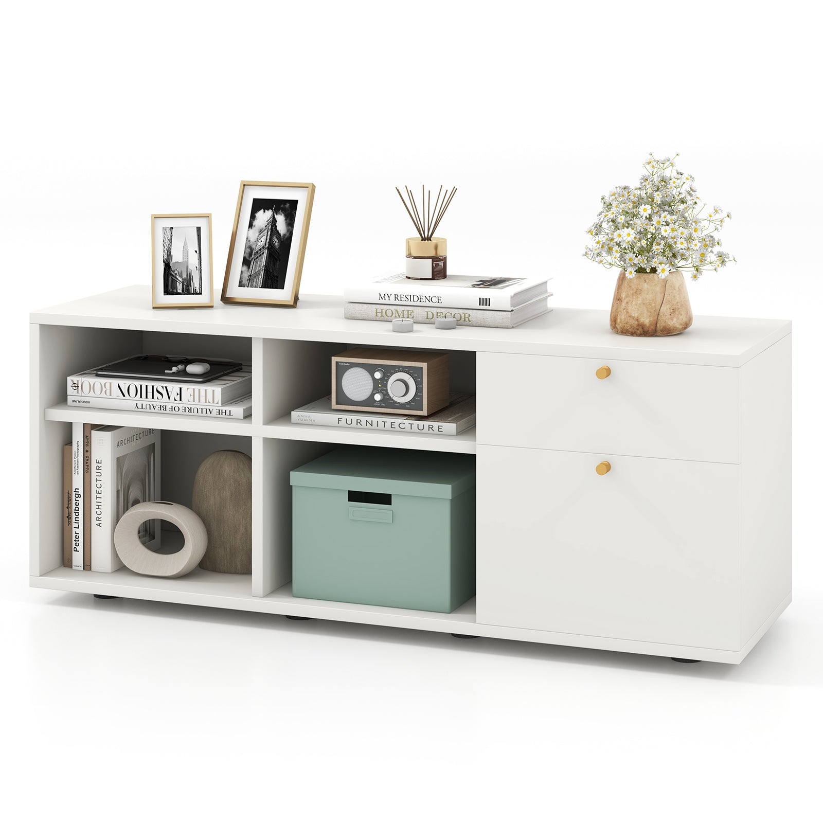 Storage Cabinet TV Console, 2 Drawers 4 Cubes, White Entertainment Centers & TV Stands at Gallery Canada