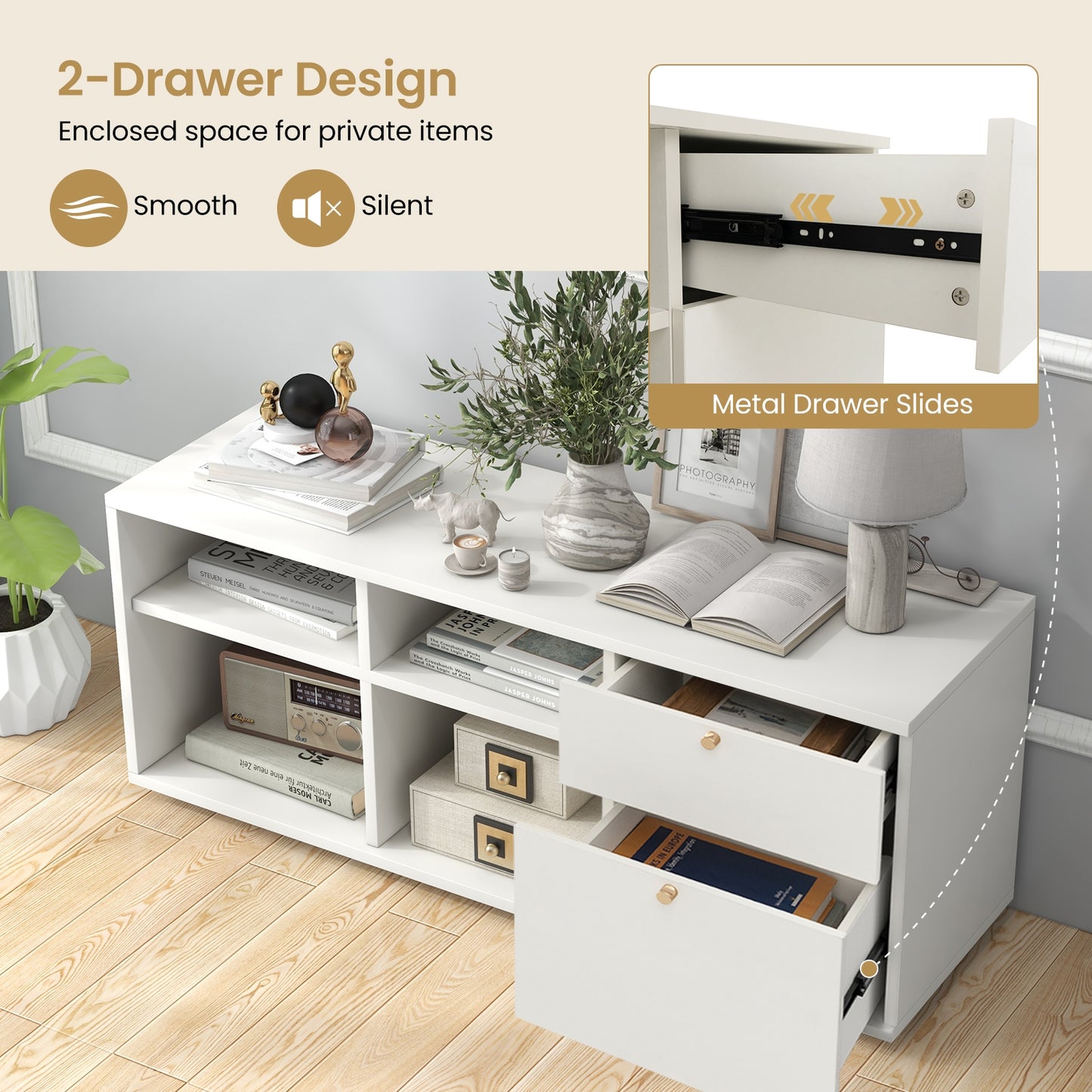 Storage Cabinet TV Console, 2 Drawers 4 Cubes, White Entertainment Centers & TV Stands at Gallery Canada