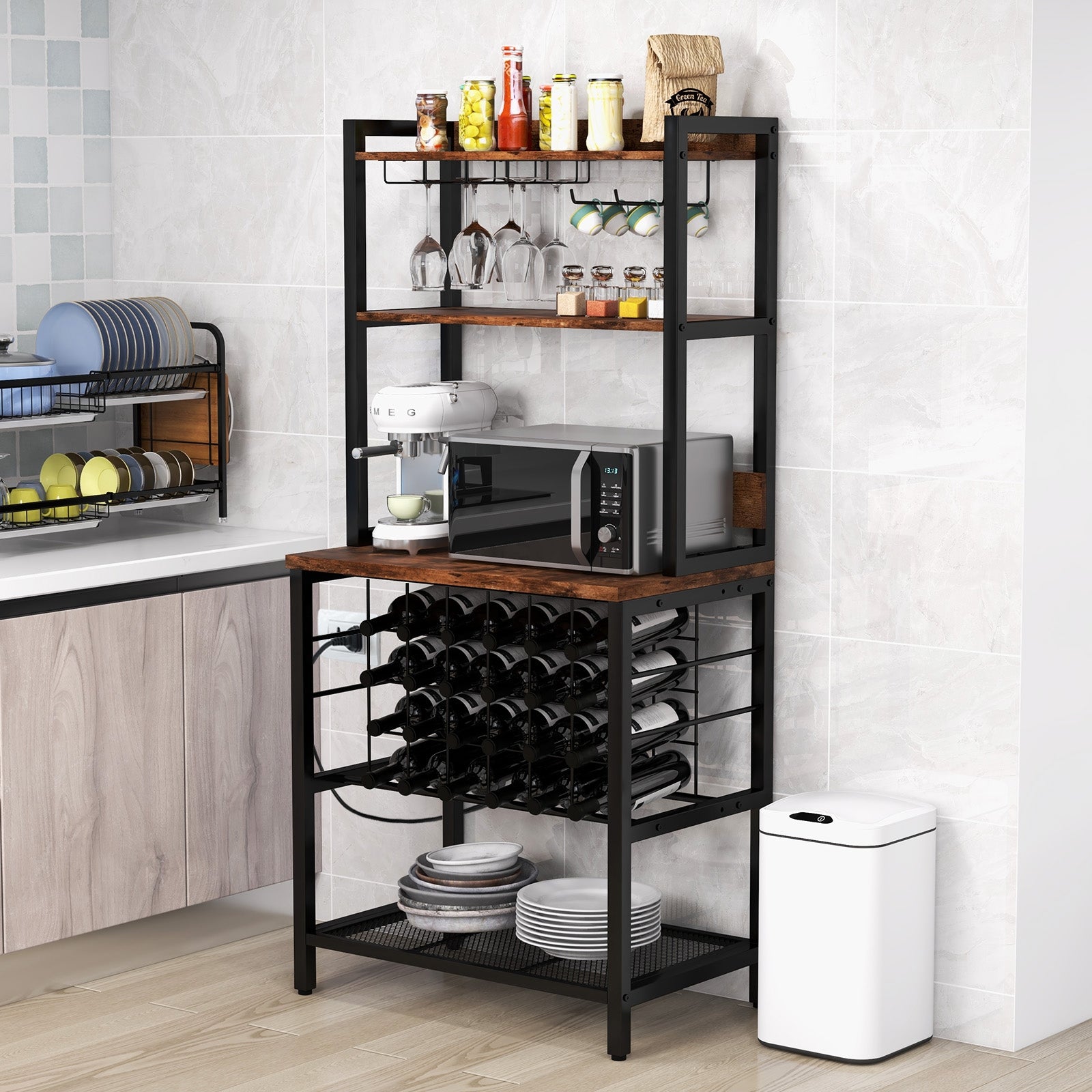 Wine Bar Cabinet, 4 Tier Storage Shelves, Glass Holders, Brown Wine Racks at Gallery Canada