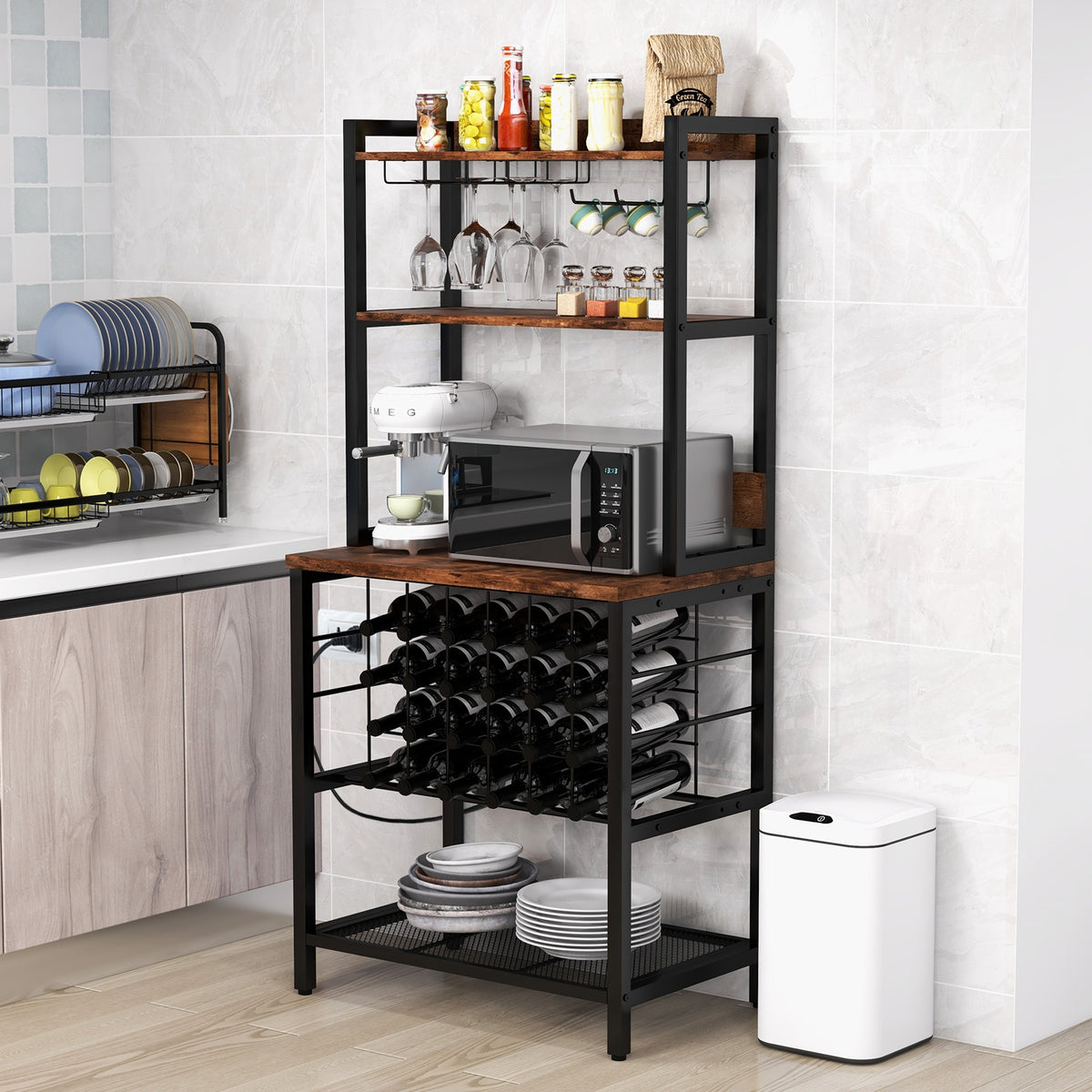 Wine Bar Cabinet, 4 Tier Storage Shelves, Glass Holders, Brown Wine Racks at Gallery Canada