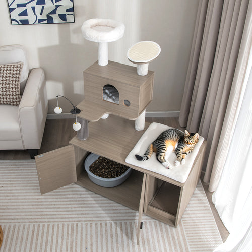 Modern Cat Tower With Litter Box Enclosure, Gray
