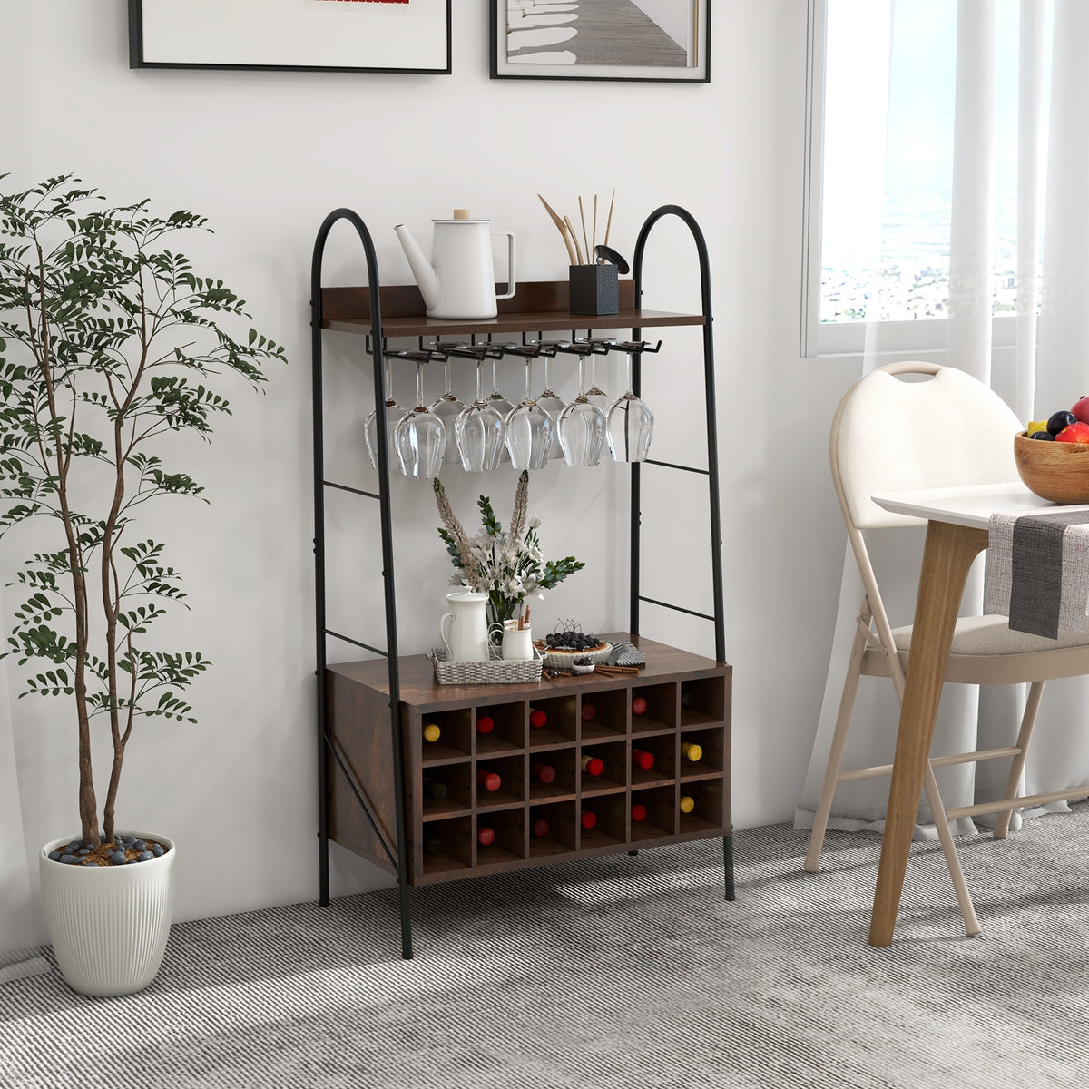 Baker's Rack With Detachable Wine Rack, 5 Stemware Rows, Rustic Brown Baker's Racks at Gallery Canada