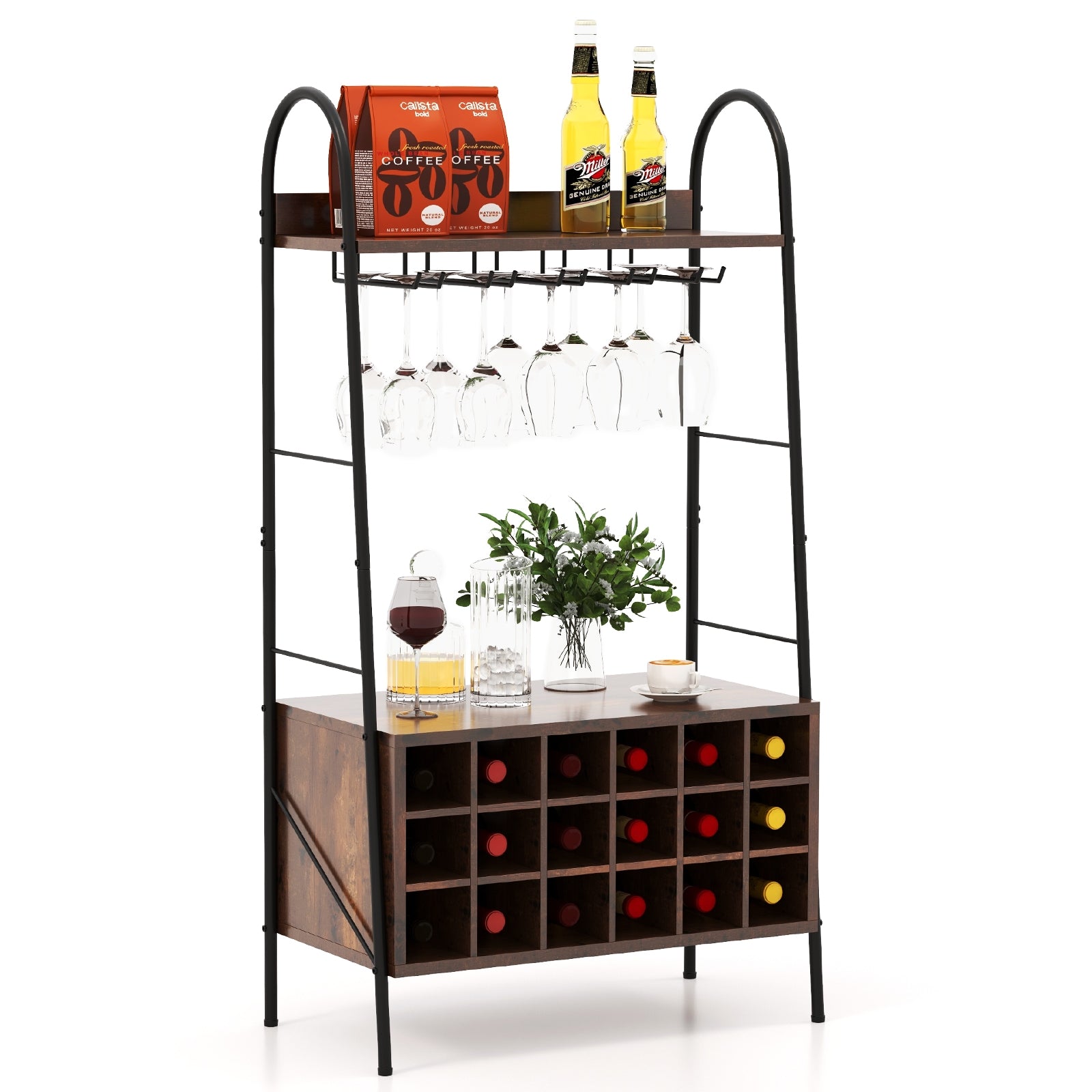 Baker's Rack With Detachable Wine Rack, 5 Stemware Rows, Rustic Brown Baker's Racks at Gallery Canada