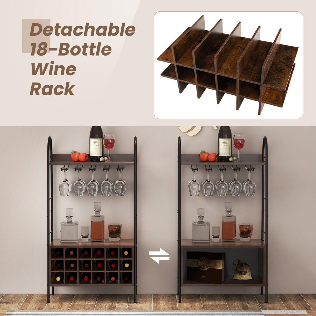Baker's Rack With Detachable Wine Rack, 5 Stemware Rows, Rustic Brown Baker's Racks at Gallery Canada