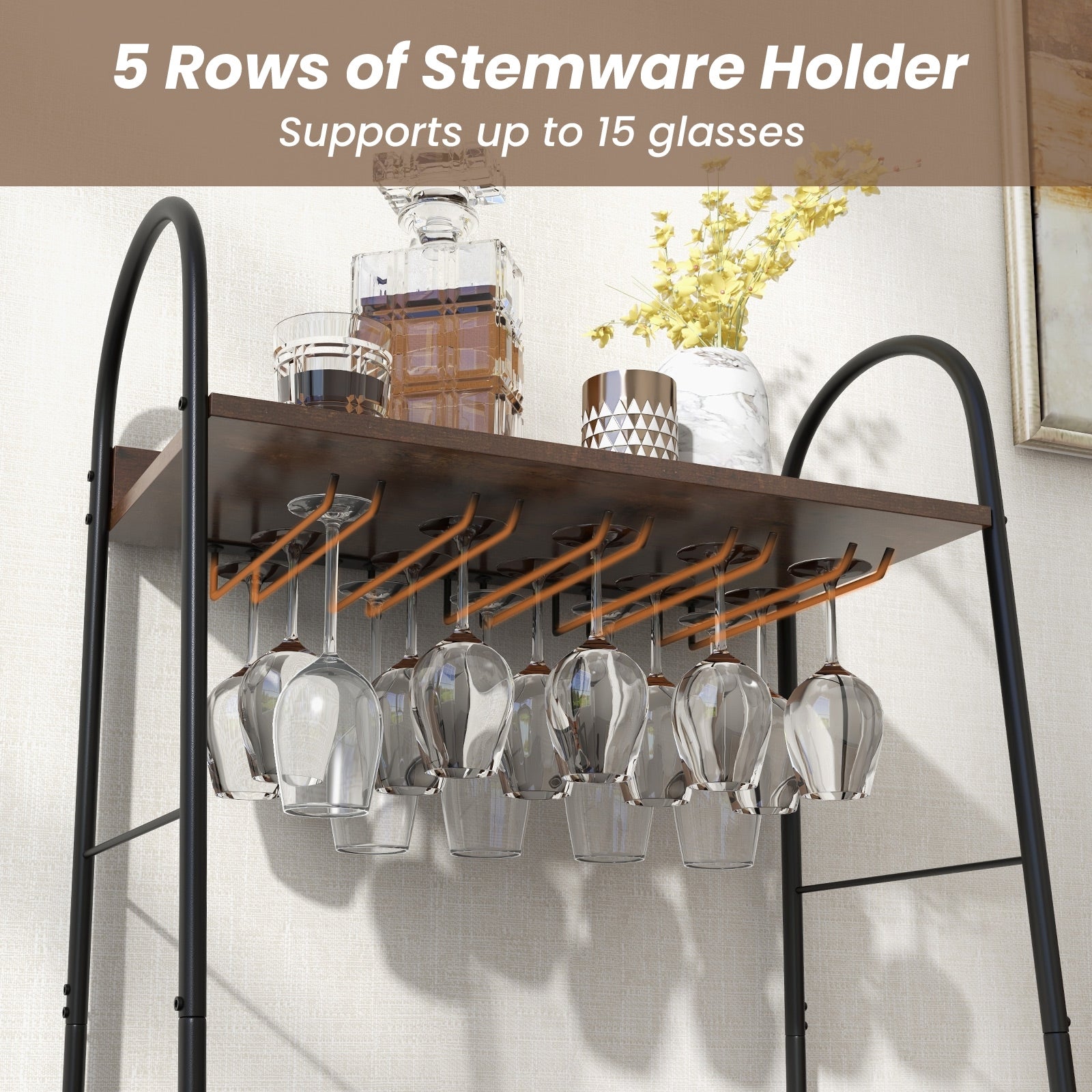 Baker's Rack With Detachable Wine Rack, 5 Stemware Rows, Rustic Brown Baker's Racks at Gallery Canada