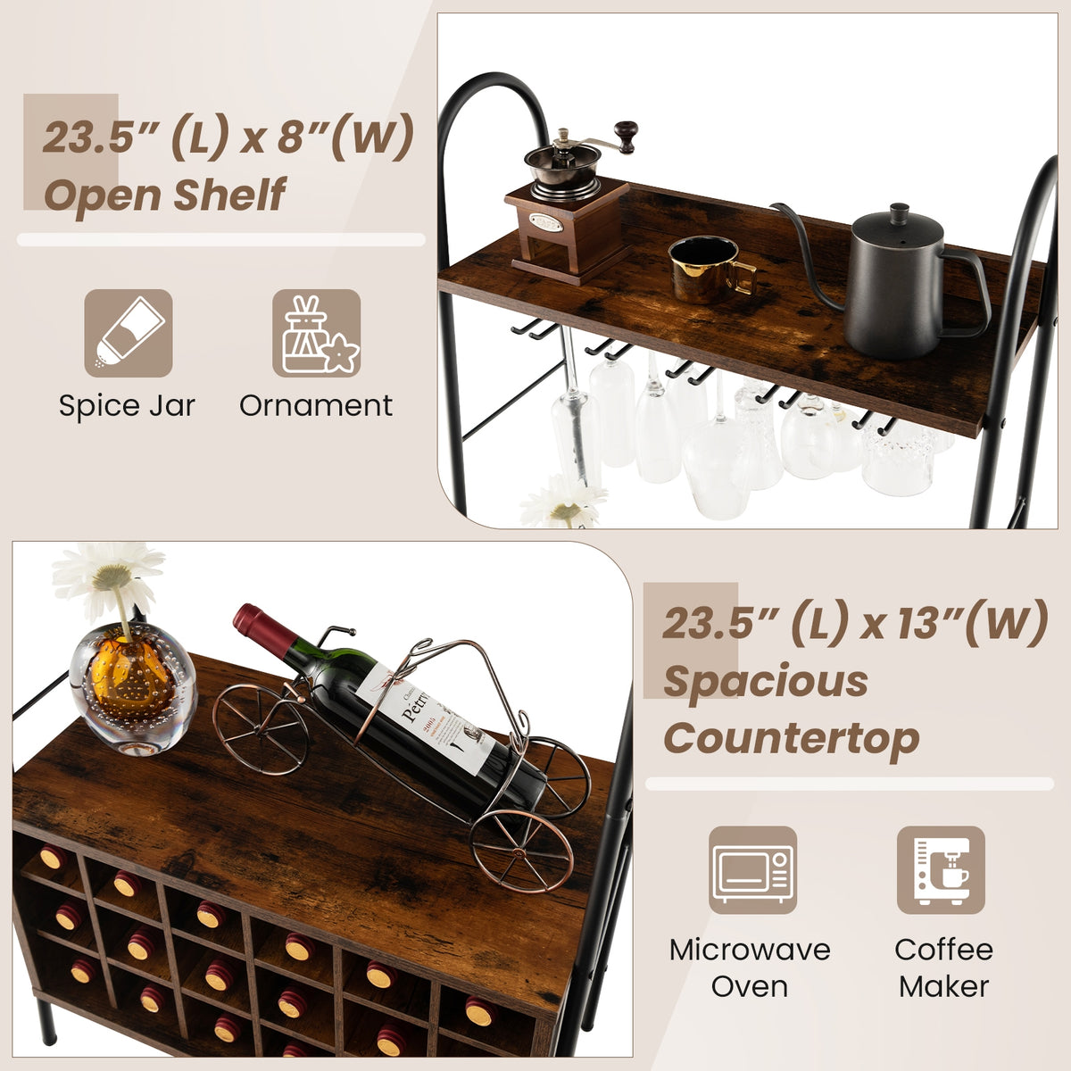 Baker's Rack With Detachable Wine Rack, 5 Stemware Rows, Rustic Brown Baker's Racks at Gallery Canada