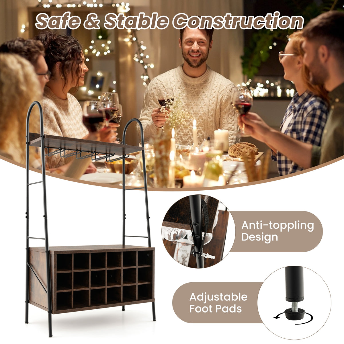 Baker's Rack With Detachable Wine Rack, 5 Stemware Rows, Rustic Brown Baker's Racks at Gallery Canada