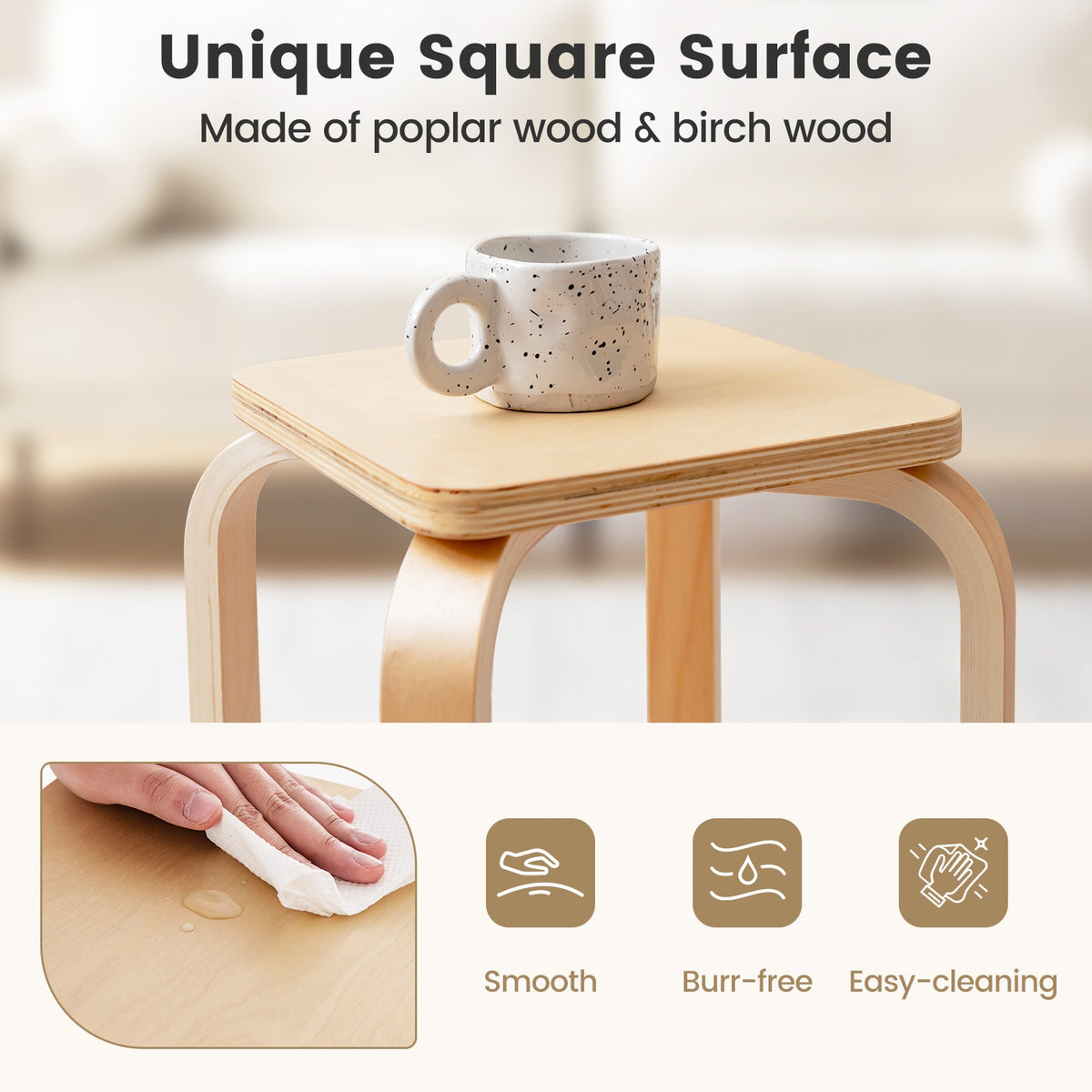 Stackable Stools Set Of 4, Square Top, Rounded Corners, Natural Dining Chairs at Gallery Canada
