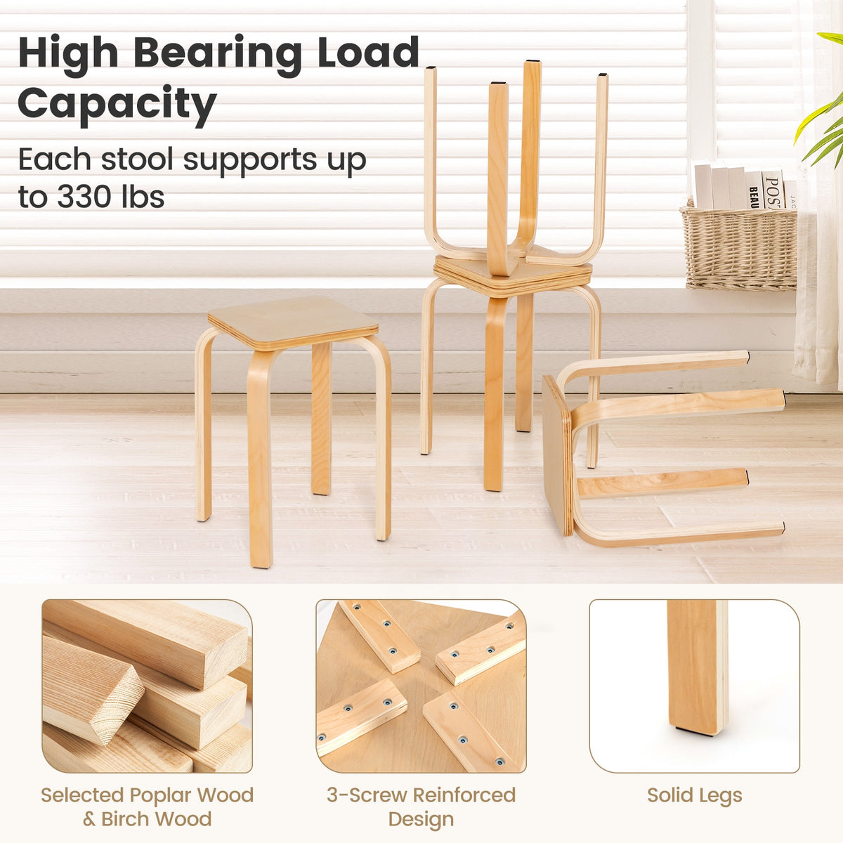 Stackable Stools Set Of 4, Square Top, Rounded Corners, Natural Dining Chairs at Gallery Canada